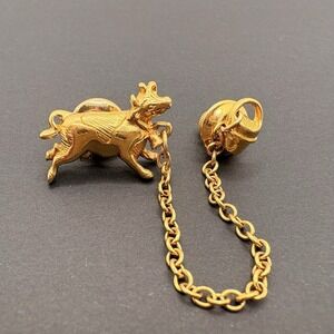 Vintage Monet Cow Bucket Lapel Pin Tie Tack Gold Tone w/ Chain Whimsical Farm
